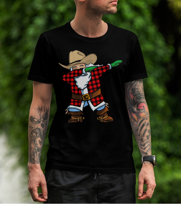 Santa Cowboy Christmas Dabbing Plaid T-Shirt