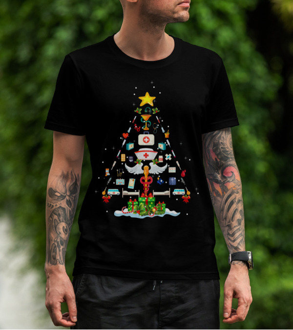 Funny Nurse Medical Christmas Tree With Syringes And Bandages T-Shirt