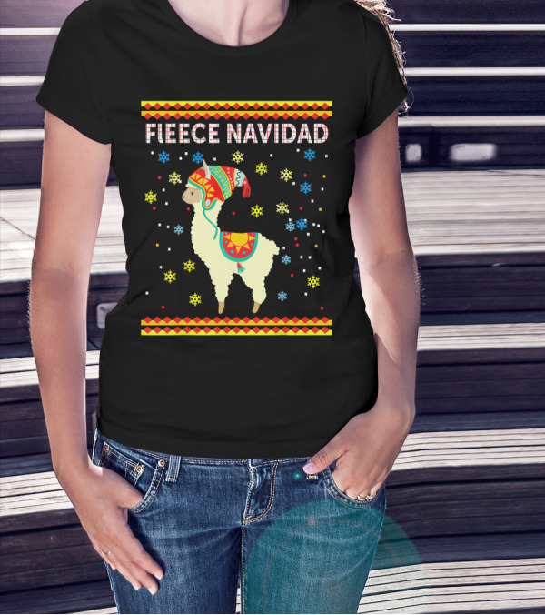 Fleece Navidad Cute Funny Llama With Colorful Winter Hat And Snowflakes T-Shirt