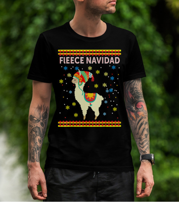 Fleece Navidad Cute Funny Llama With Colorful Winter Hat And Snowflakes T-Shirt