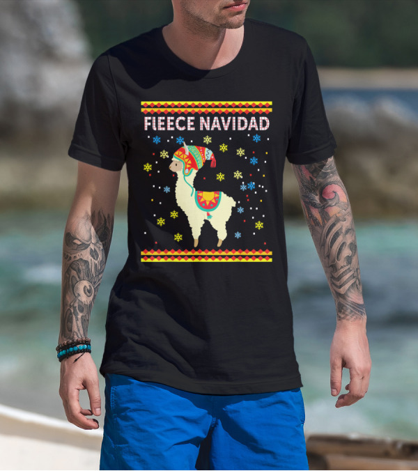 Fleece Navidad Cute Funny Llama With Colorful Winter Hat And Snowflakes T-Shirt