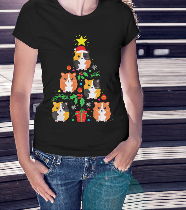 Guinea Pig Christmas Tree Santa Hat Festive T-Shirt