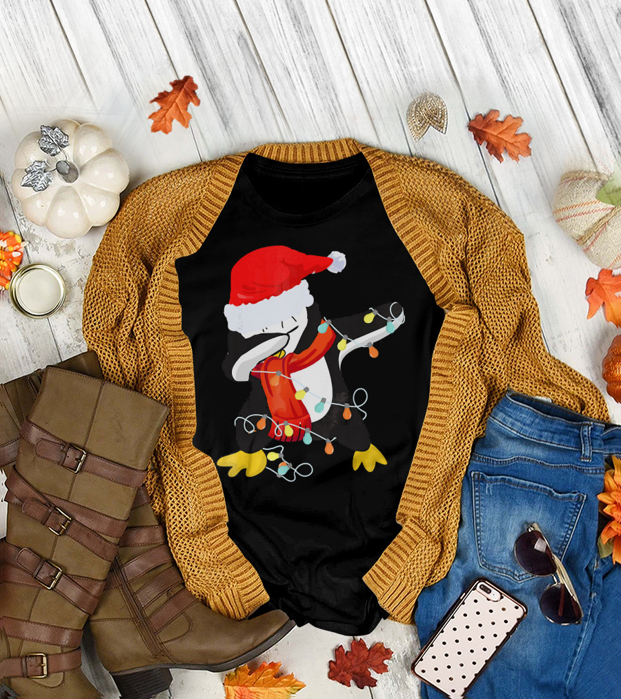 Dabbing Penguin Santa Christmas Lights T-Shirt