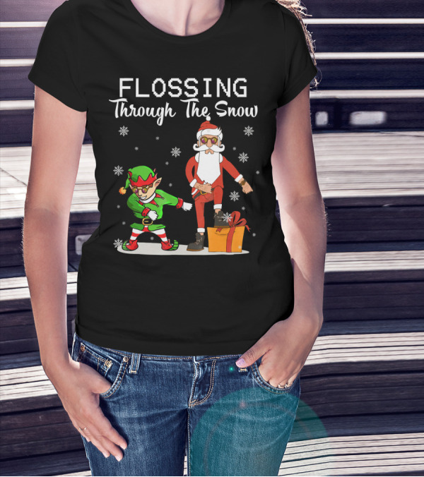 Flossing Through The Snow Santa And Elf Dancing With Gifts And Snowflakes T-Shirt