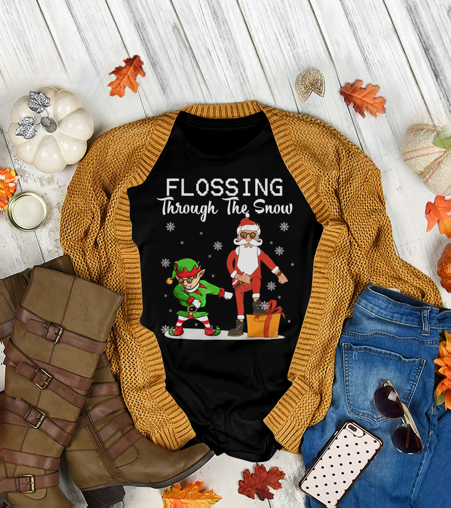 Flossing Through The Snow Santa and Elf Dancing with Gifts and Snowflakes T-Shirt