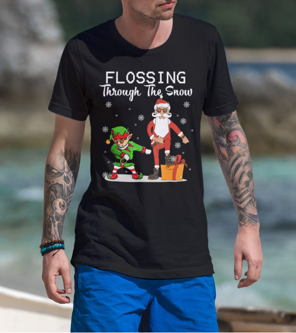 Flossing Through The Snow Santa And Elf Dancing With Gifts And Snowflakes T-Shirt