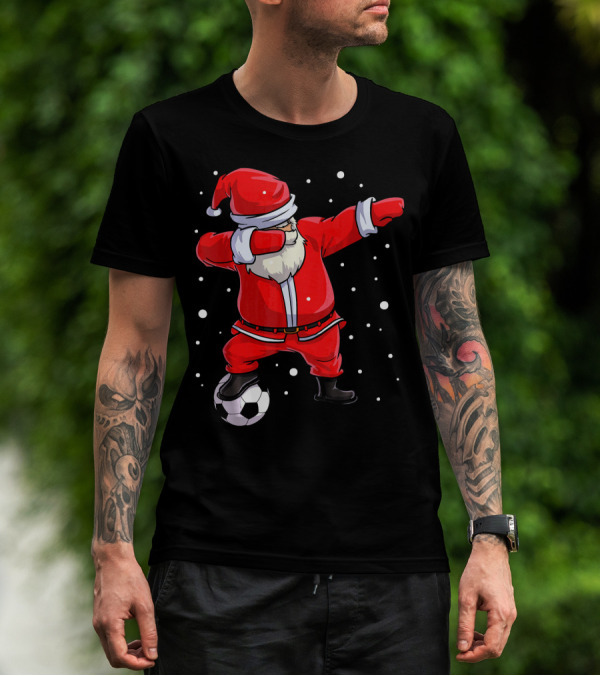 Santa Claus Dabbing On Soccer Ball Snowflakes Holiday T-Shirt
