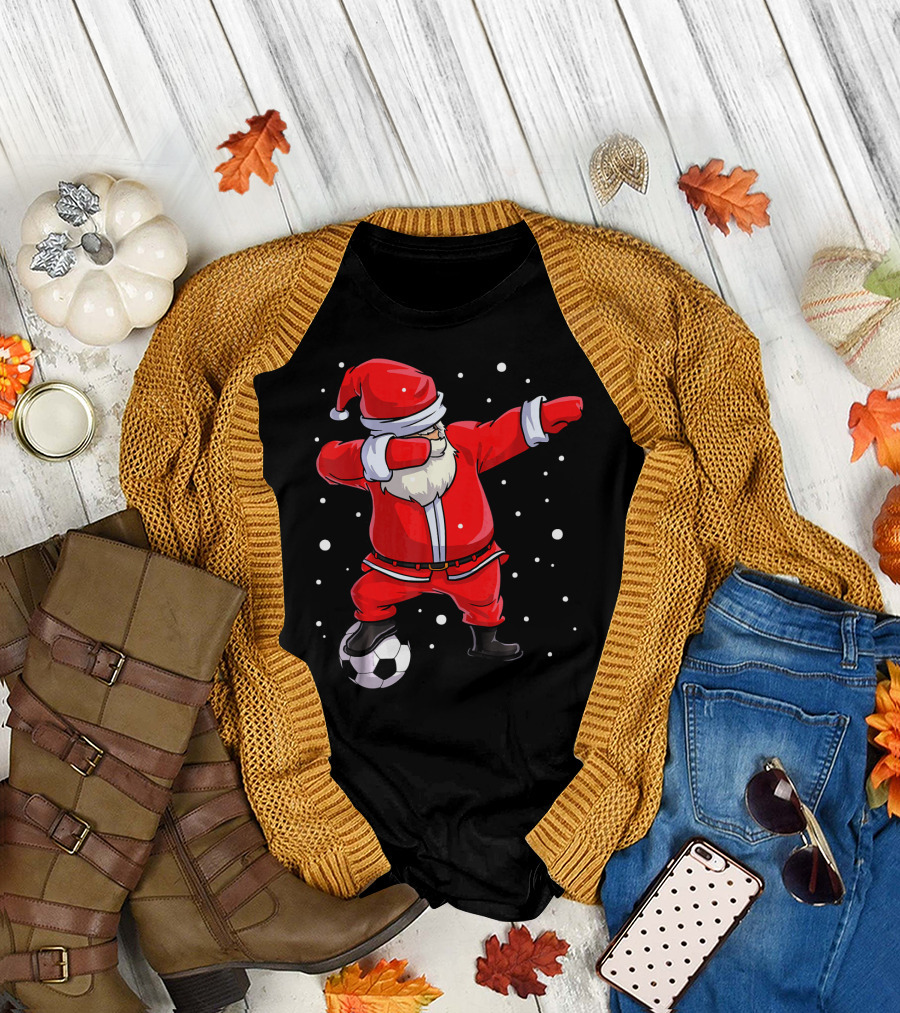 Santa Claus Dabbing on Soccer Ball Snowflakes Holiday T-Shirt