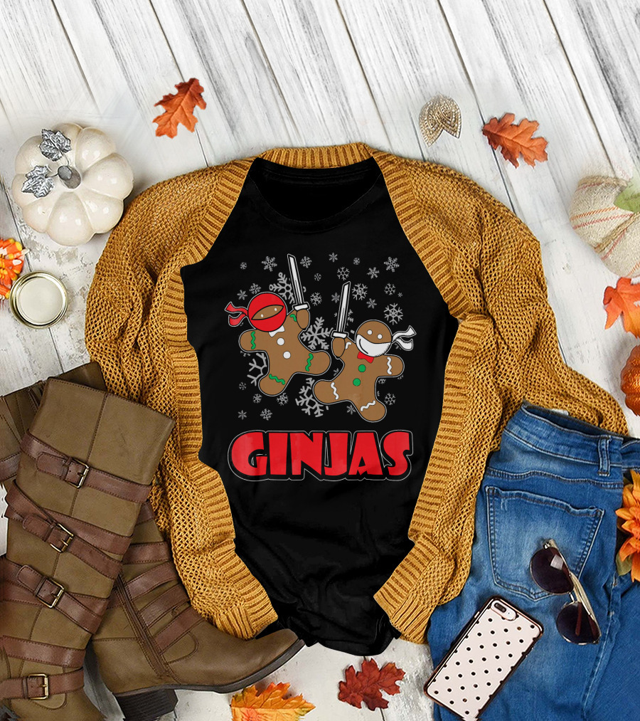 Gingerbread Man Ninjas Christmas in July Snowflakes T-Shirt