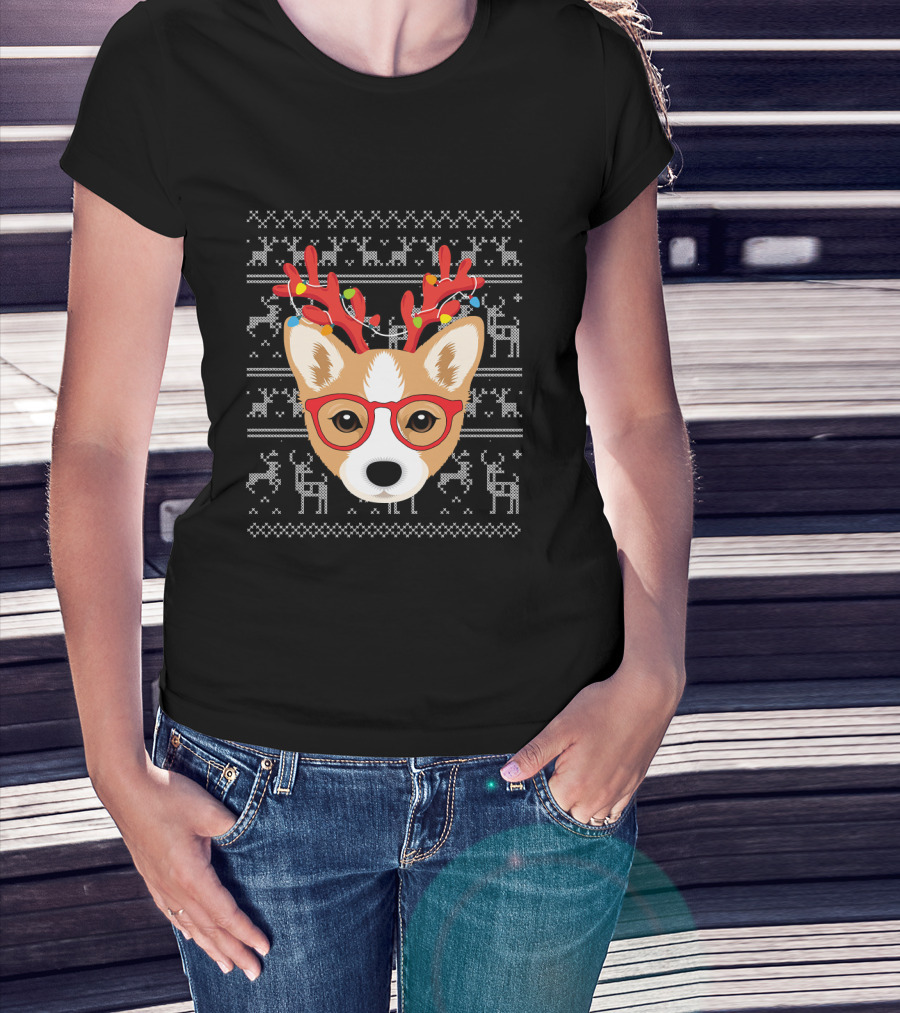 Corgi Puppy Dog With Xmas Antlers And Glasses Holiday T-Shirt