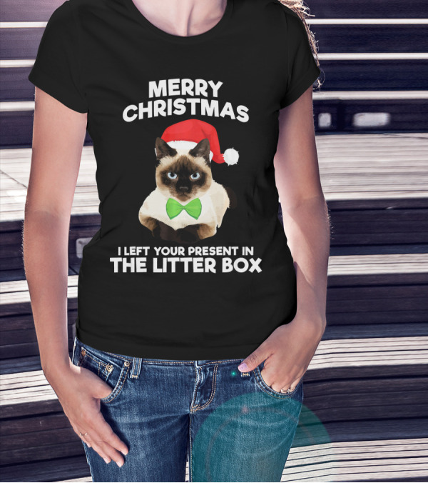 Merry Christmas I Left Your Present In The Litter Box Cat Santa Hat Bow Tie T-Shirt