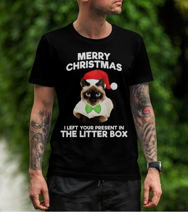 Merry Christmas I Left Your Present In The Litter Box Cat Santa Hat Bow Tie T-Shirt