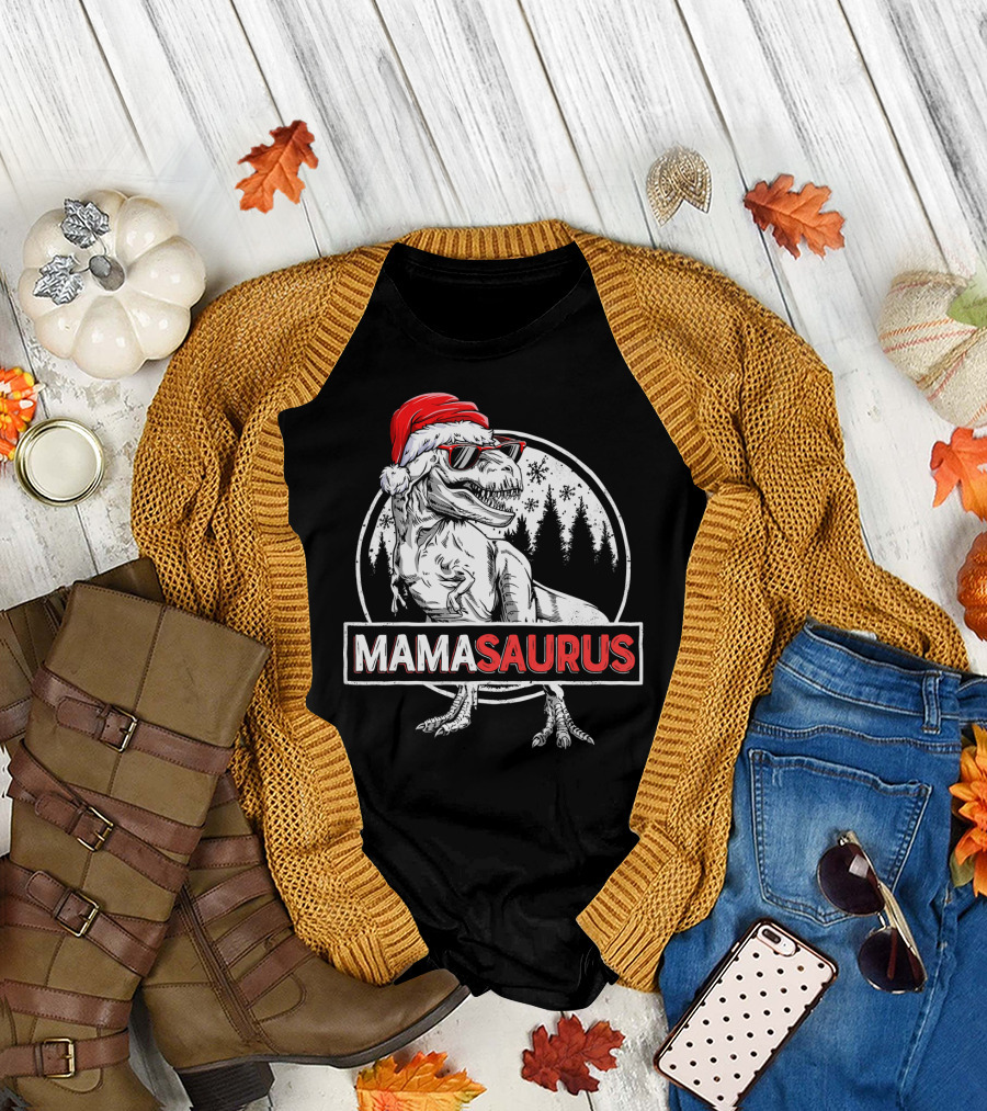 Mamasaurus Dinosaur Christmas Santa Hat Sunglasses T-Shirt