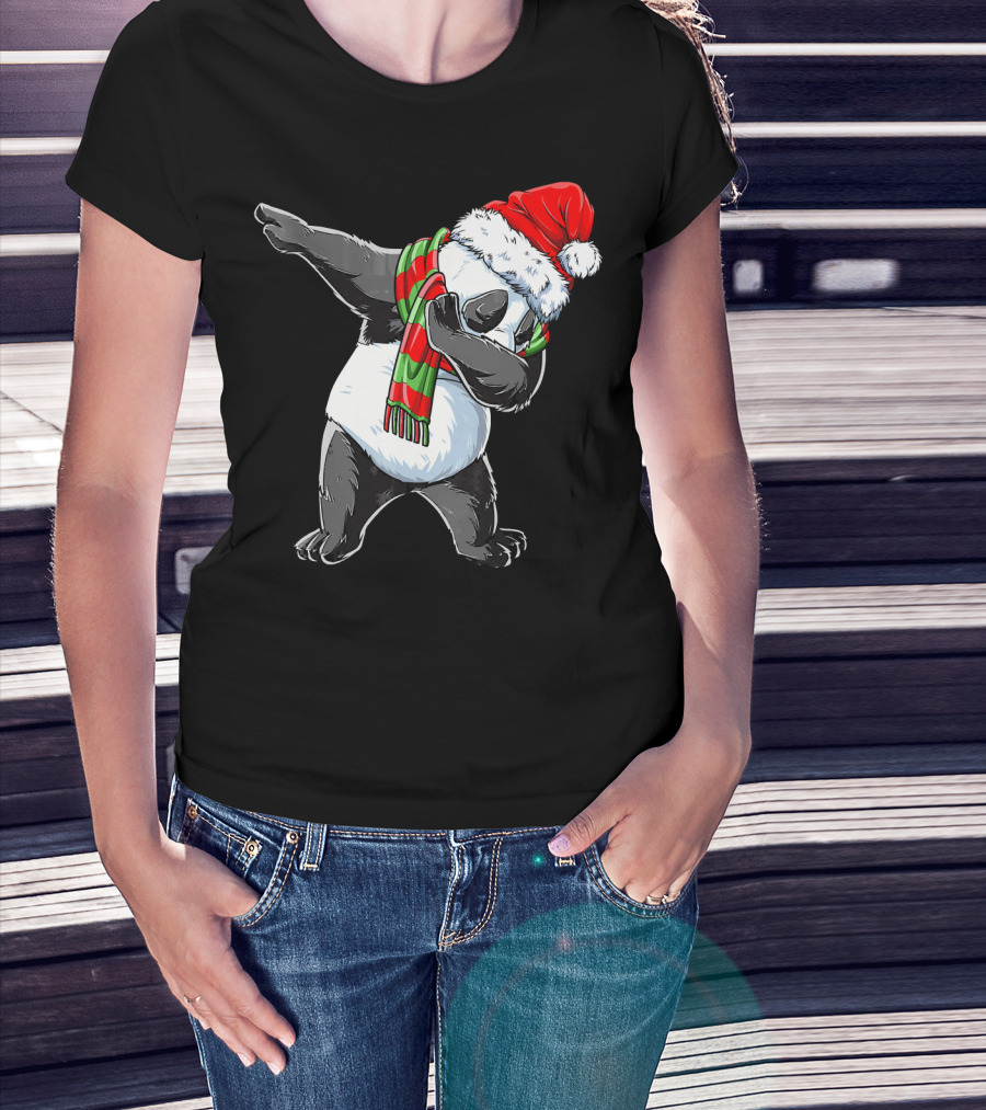 Panda Dabbing Santa Hat Red Green Scarf T-Shirt