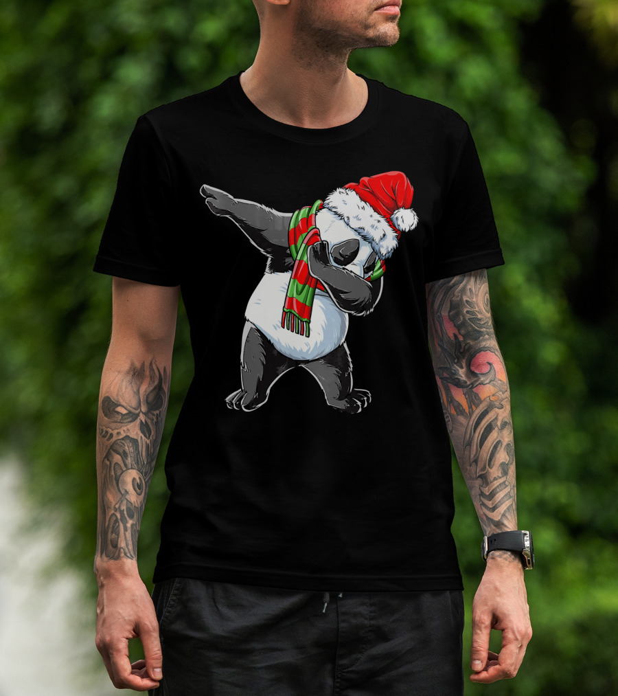 Panda Dabbing Santa Hat Red Green Scarf T-Shirt