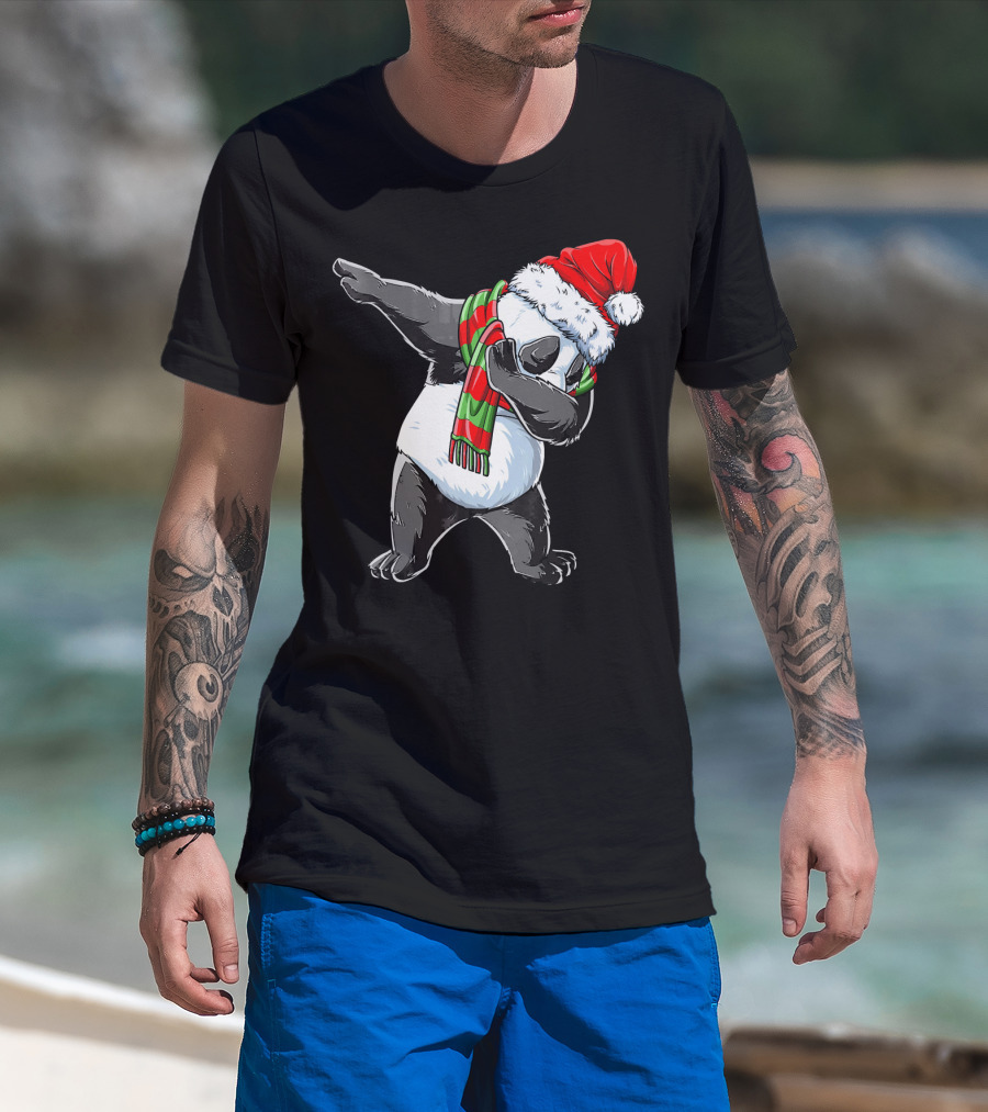 Panda Dabbing Santa Hat Red Green Scarf T-Shirt