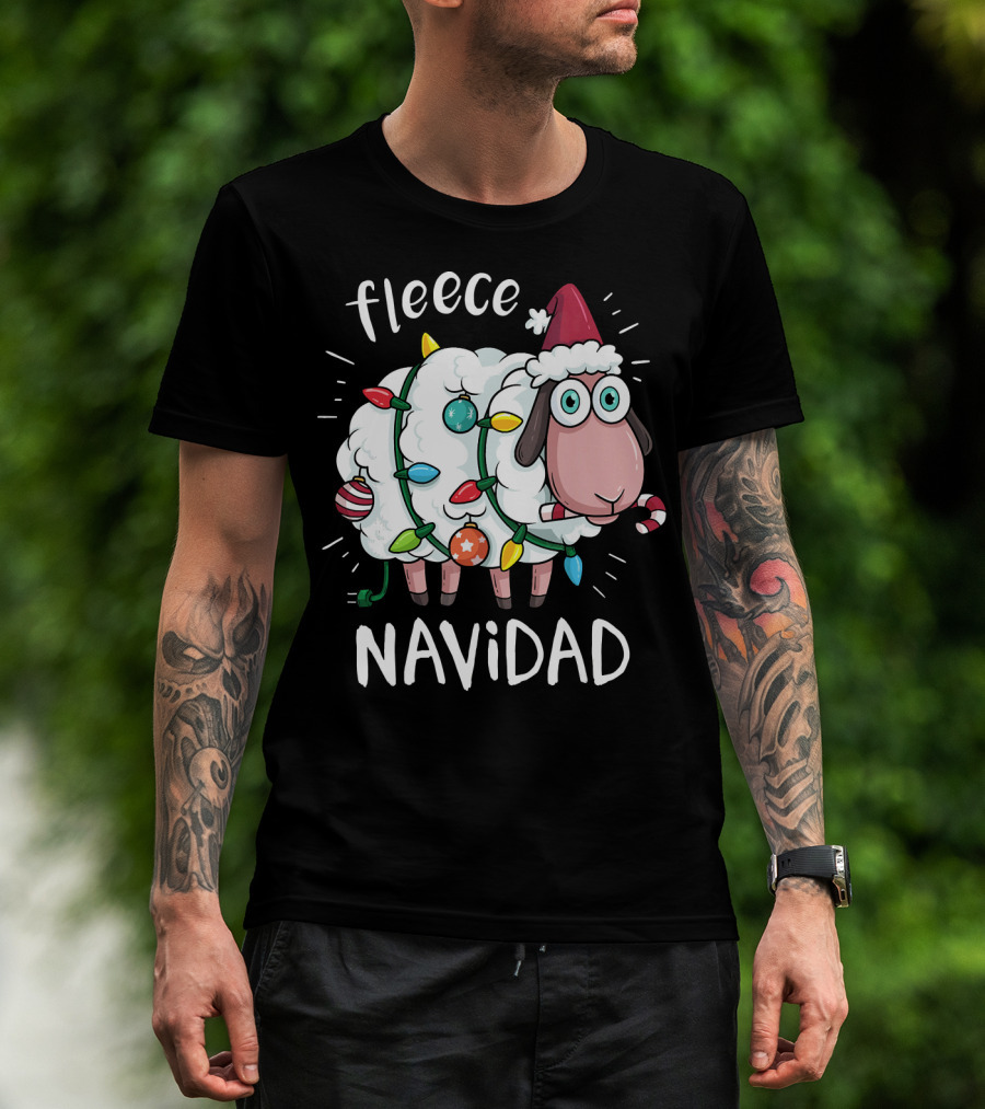 Fleece Navidad Funny Cute Sheep With Christmas Lights And Santa Hat T-Shirt
