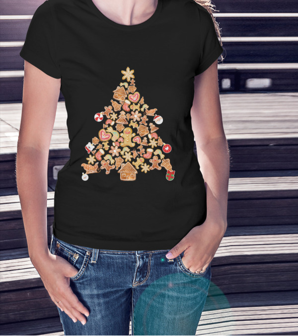 Gingerbread Man Christmas Tree Cookies With Candy Canes And Snowflakes T-Shirt