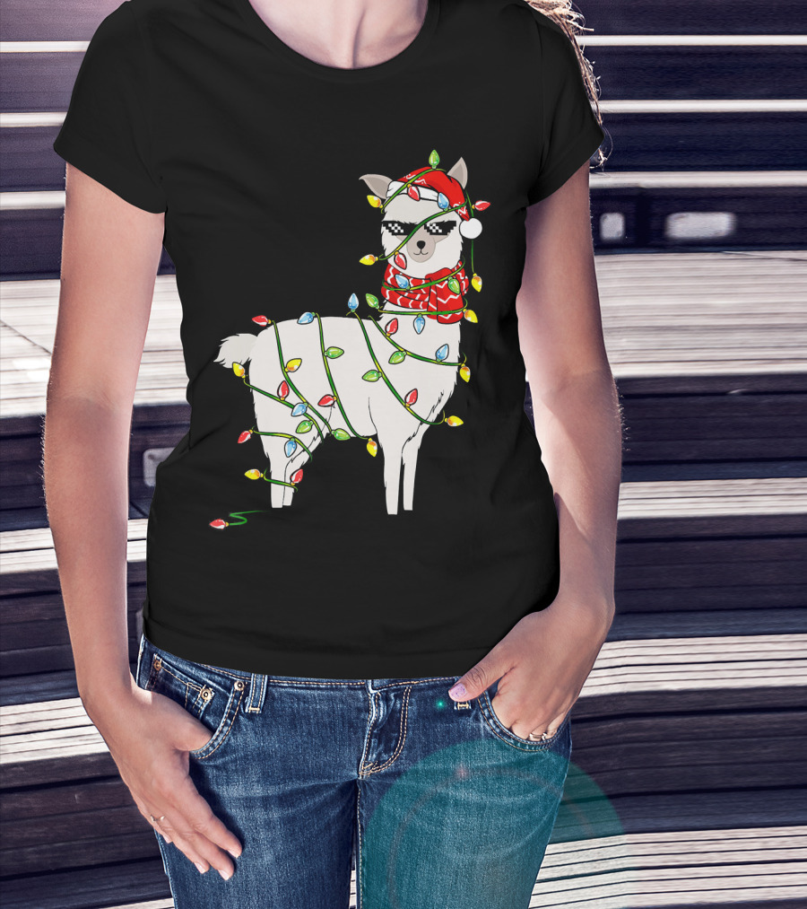 Llama Wrapped In Christmas Lights Wearing Santa Hat And Scarf T-Shirt