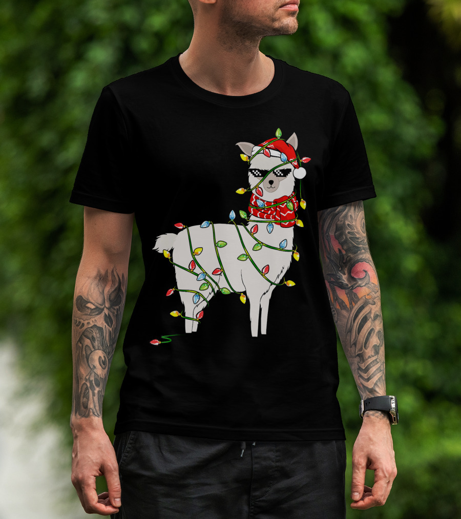 Llama Wrapped In Christmas Lights Wearing Santa Hat And Scarf T-Shirt