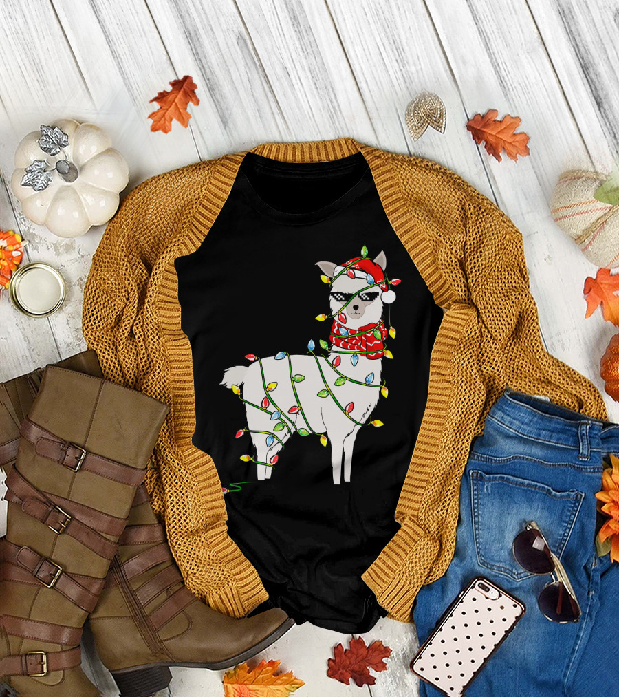Llama Wrapped in Christmas Lights Wearing Santa Hat and Scarf T-Shirt