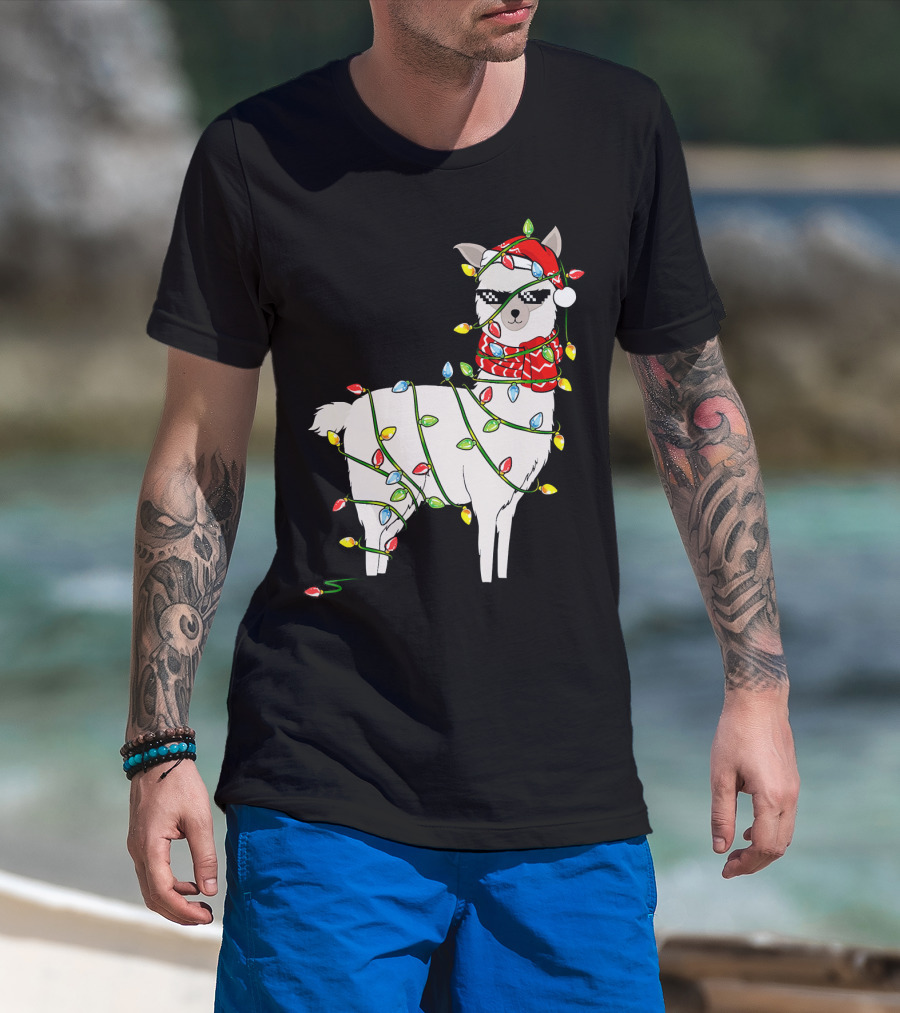 Llama Wrapped In Christmas Lights Wearing Santa Hat And Scarf T-Shirt