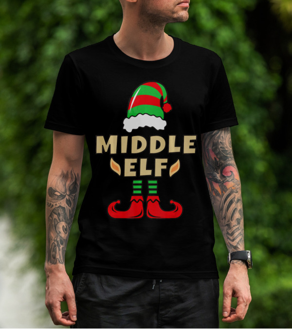 Middle Child Elf Christmas Costume Hat And Shoes T-Shirt