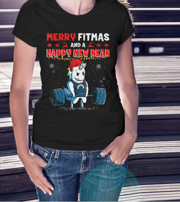 Merry Fitmas And A Happy New Rear Unicorn Weightlifting Santa Hat Snowflakes T-Shirt