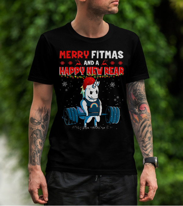 Merry Fitmas And A Happy New Rear Unicorn Weightlifting Santa Hat Snowflakes T-Shirt
