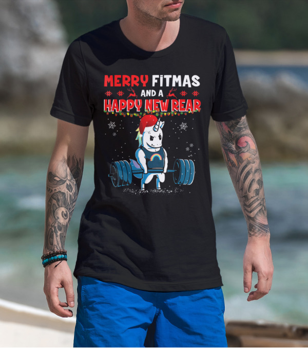 Merry Fitmas And A Happy New Rear Unicorn Weightlifting Santa Hat Snowflakes T-Shirt