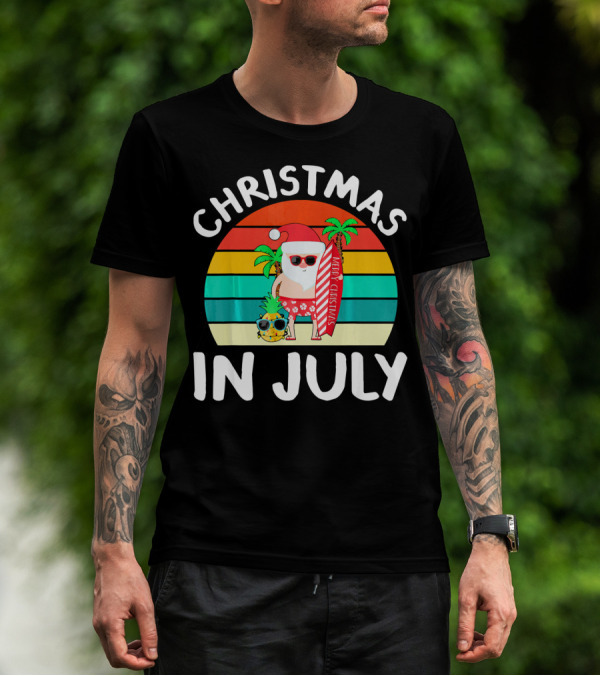 Christmas In July Vintage Santa Tropical Surfboard Merry Christmas T-Shirt