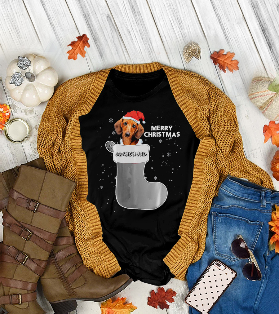Dachshund Merry Christmas Sock Santa Hat T-Shirt