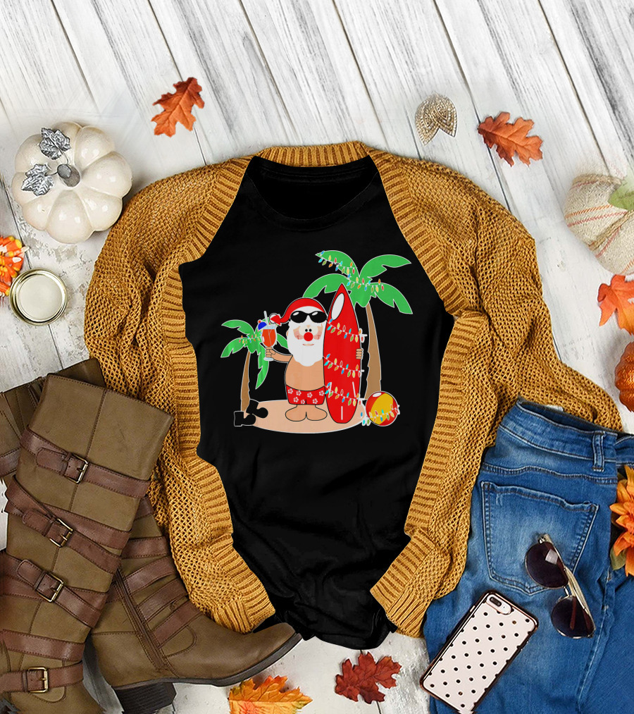 Santa Claus Surfing Hawaiian Summer Palm Trees and Lights T-Shirt