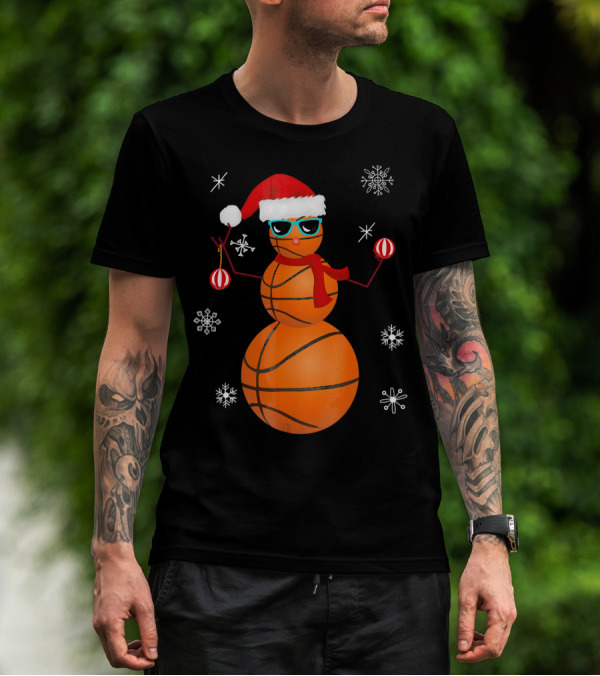 Christmas Basketball Snowman Santa With Sunglasses And Ornaments T-Shirt