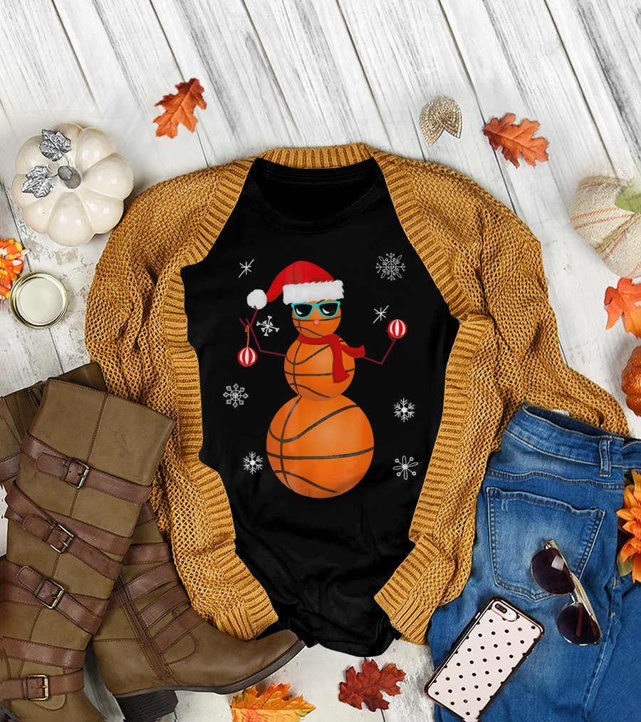 Christmas Basketball Snowman Santa with Sunglasses and Ornaments T-Shirt