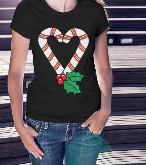 Christmas Candy Cane Heart Holly Berry T-Shirt