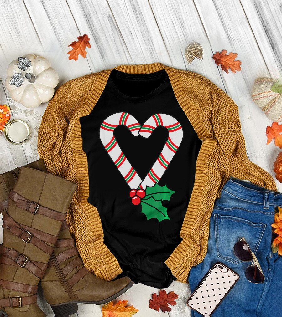 Christmas Candy Cane Heart Holly Berry T-Shirt