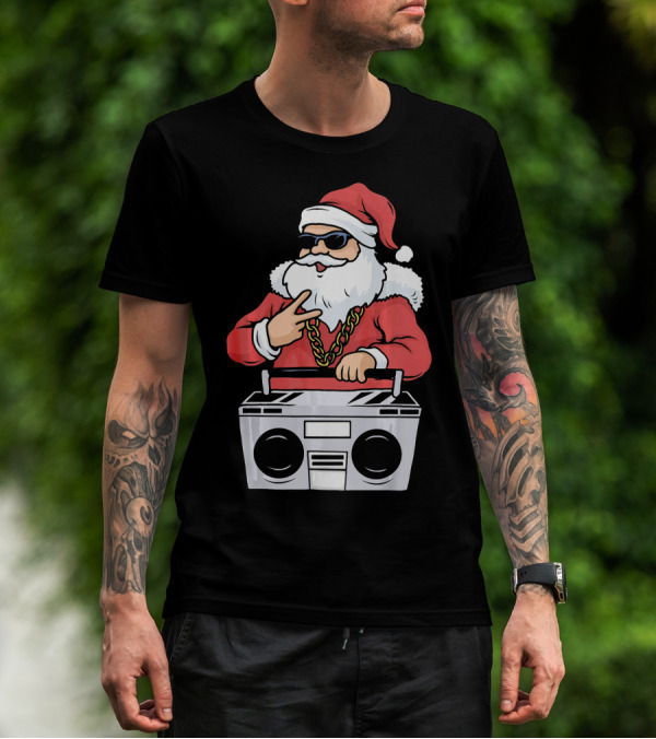 Santa Claus Rapper Style With Boombox And Bling T-Shirt