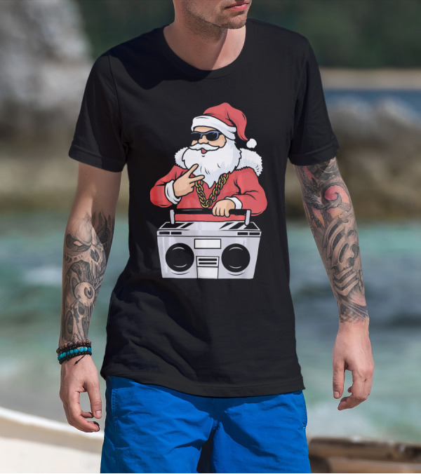 Santa Claus Rapper Style With Boombox And Bling T-Shirt