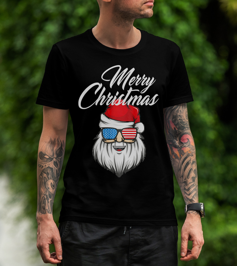 Merry Christmas Santa Claus Patriotic US Flag Sunglasses T-Shirt