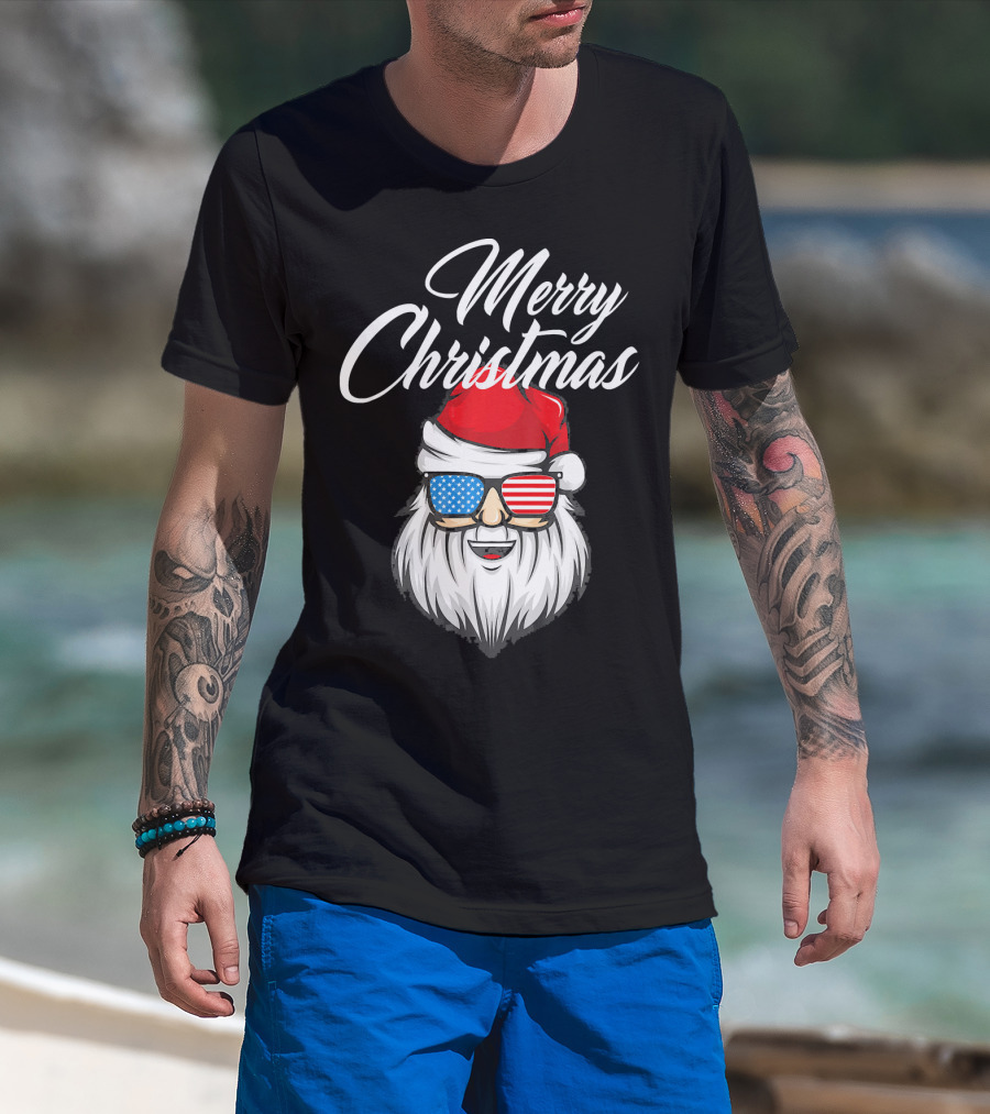Merry Christmas Santa Claus Patriotic US Flag Sunglasses T-Shirt