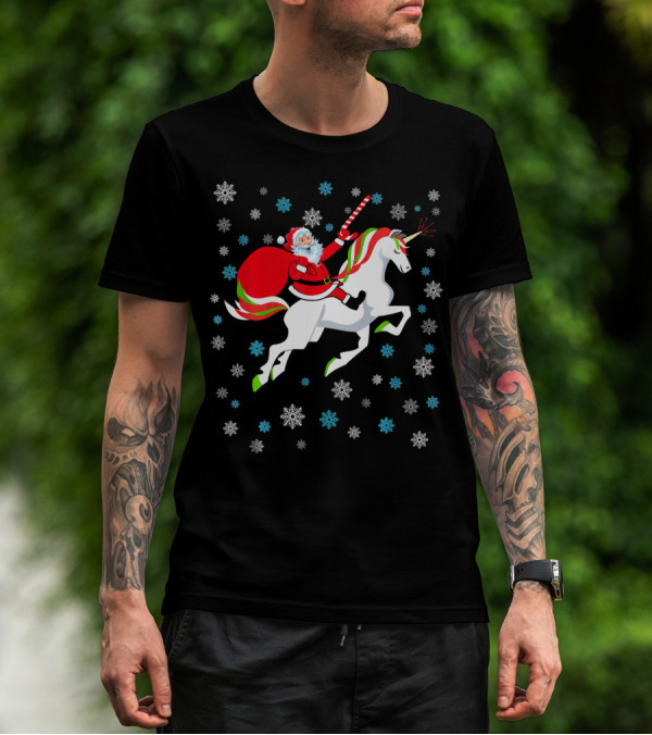 Christmas Unicorn Santa Riding Through Snowflakes T-Shirt