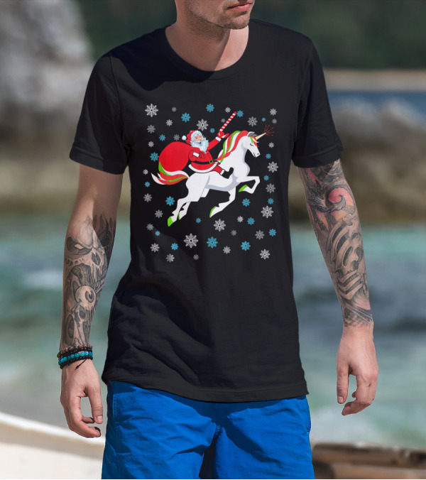 Christmas Unicorn Santa Riding Through Snowflakes T-Shirt