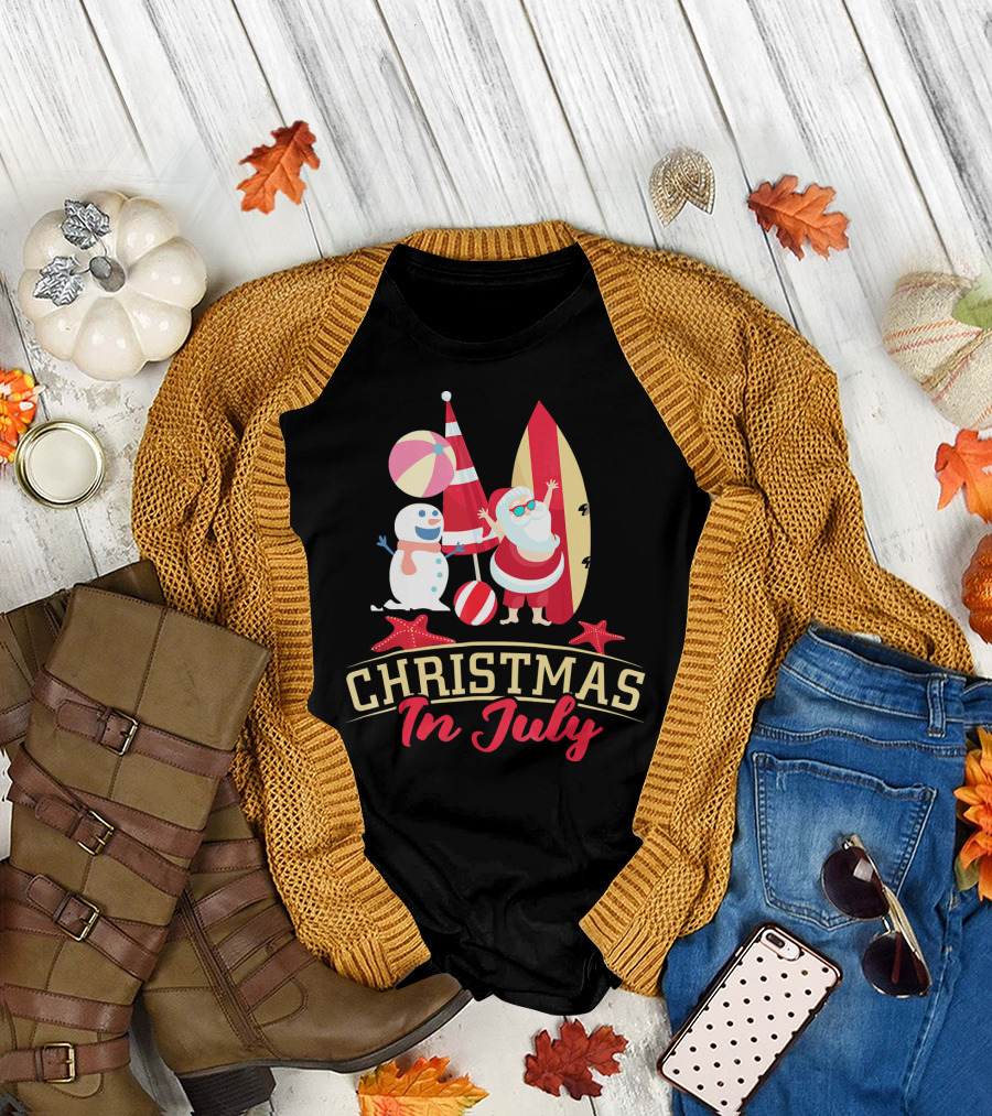 Christmas in July Santa Surfing Snowman Beach Ball T-Shirt