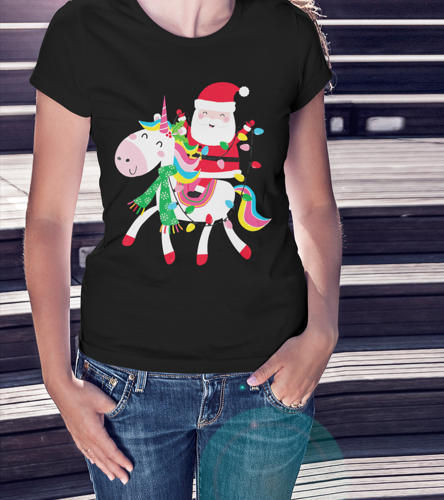 Santa Claus Riding Unicorn With Christmas Lights And Scarf T-Shirt