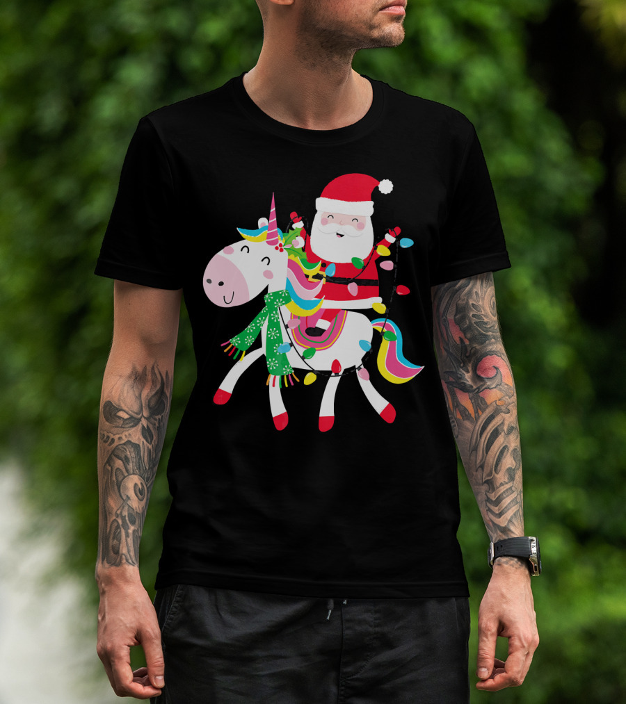 Santa Claus Riding Unicorn With Christmas Lights And Scarf T-Shirt
