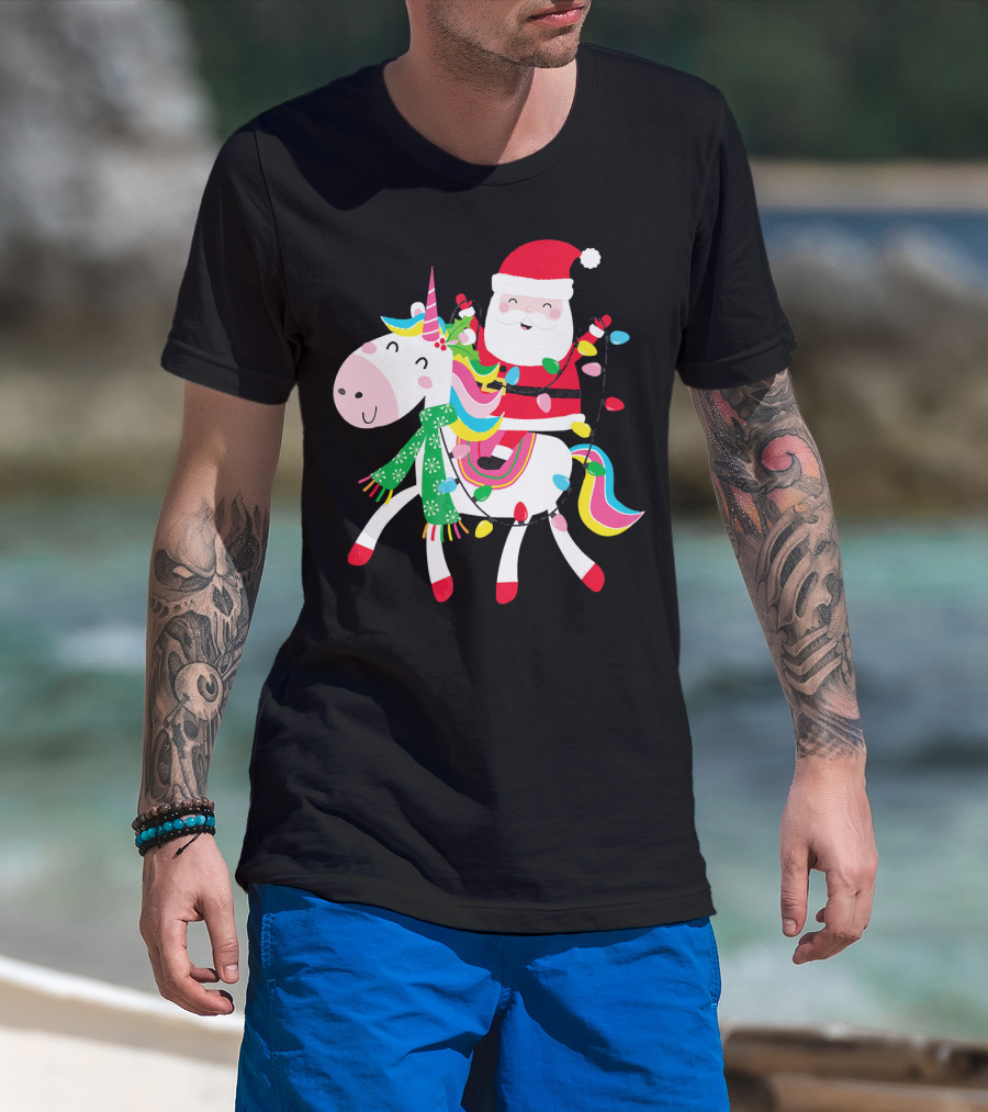 Santa Claus Riding Unicorn With Christmas Lights And Scarf T-Shirt