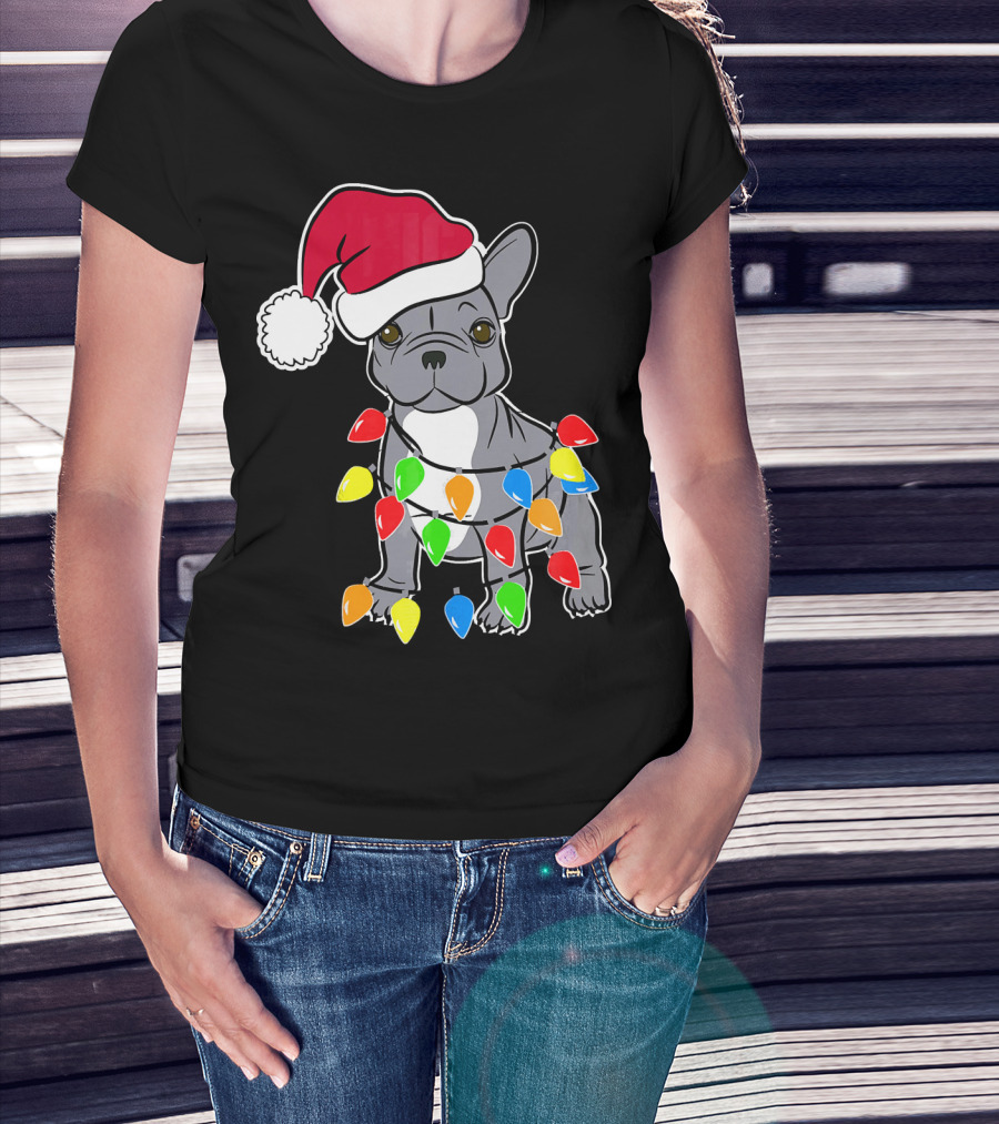 Santa French Bulldog With Christmas Lights T-Shirt