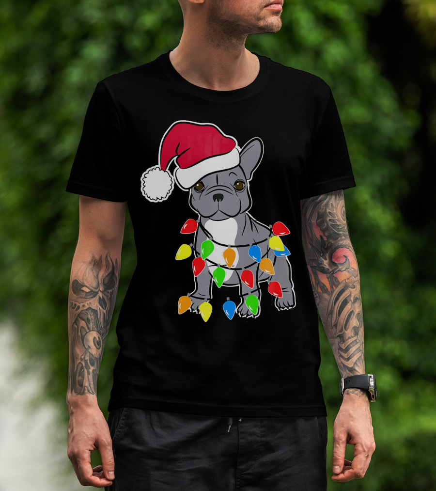 Santa French Bulldog With Christmas Lights T-Shirt