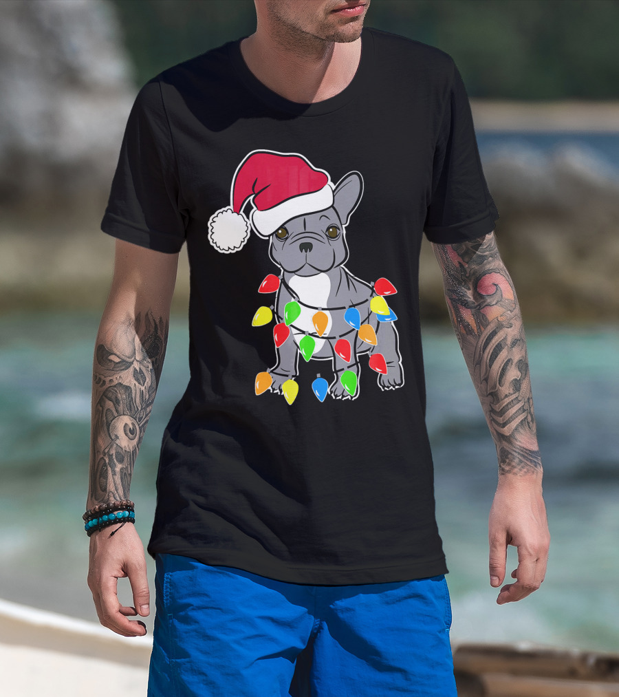 Santa French Bulldog With Christmas Lights T-Shirt